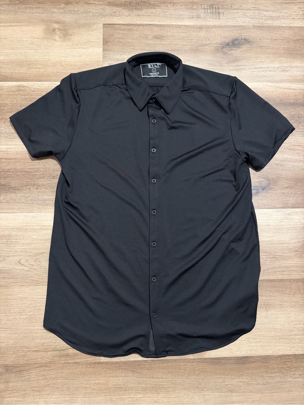 BYLT Shirt Mens L Executive Fit Stretch Performance Short Sleeve Button Up Black
